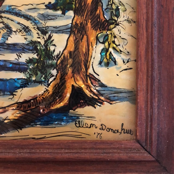 Vintage 1976 Tinsel Foil Reverse painting - winter scene - Picture 3 of 7